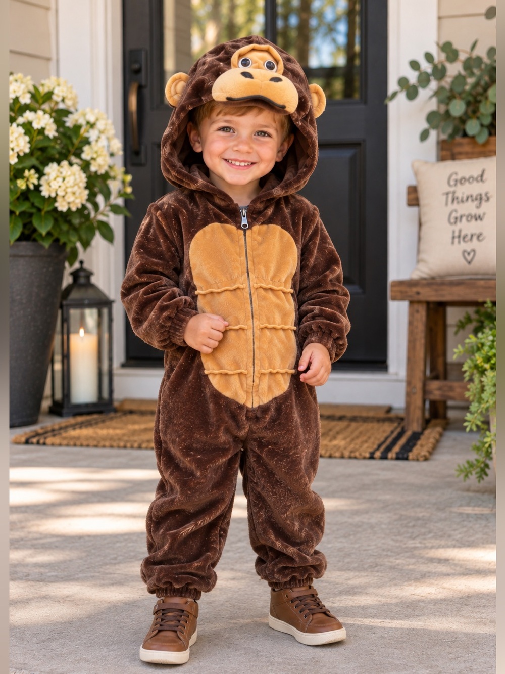 🐵 Kids Monkey Halloween Costume Brown Plush Hooded Jumpsuit | Size 3T-4T